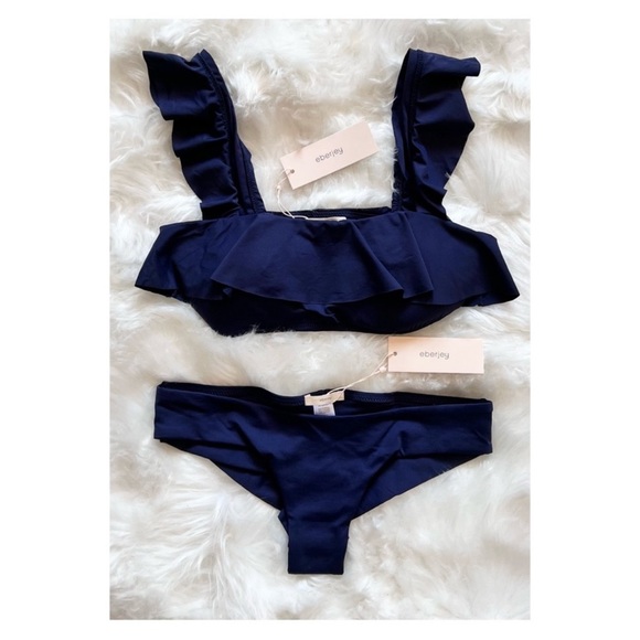 New! EBERJEY Navy Ruffle Bikini Set Jane Top Coco Bottom - Picture 7 of 12